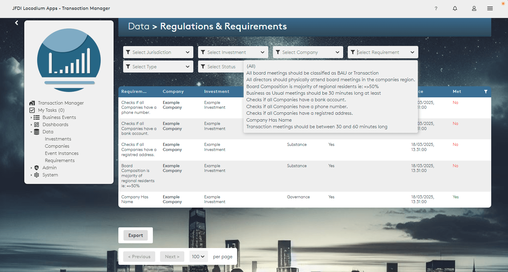 Transaction Manager Requirements Screenshot