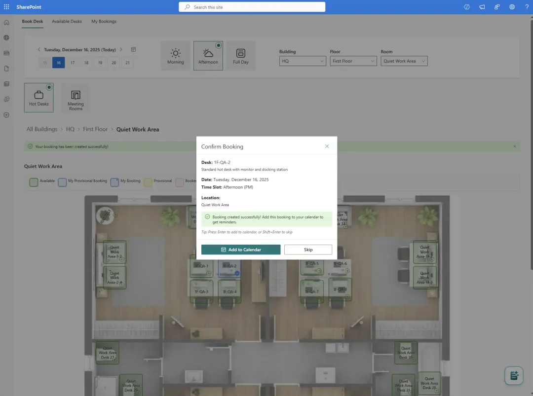 Booking Planner - Confirm modal over floor plan