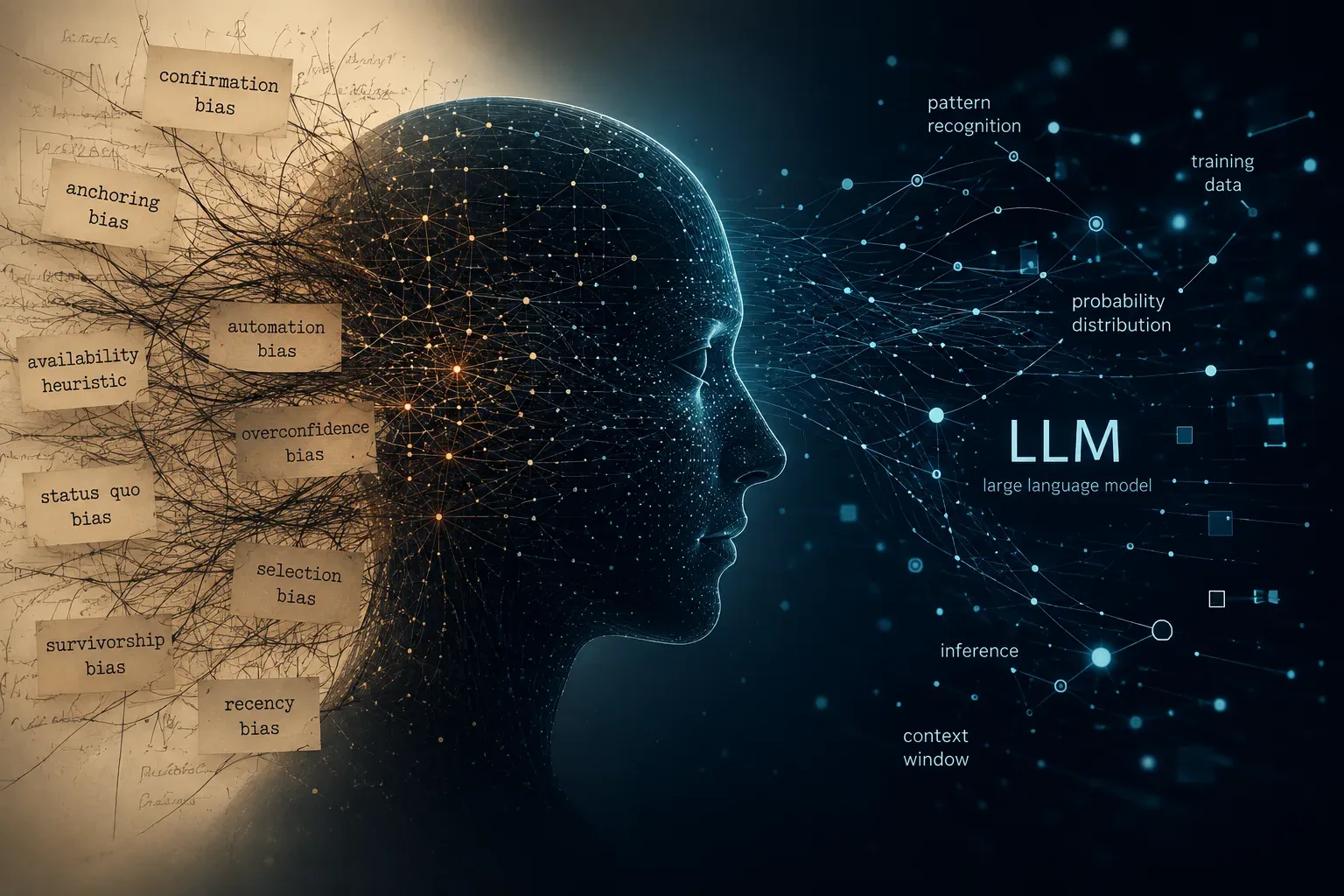 A human head, its mind tangled with labelled cognitive biases - confirmation, anchoring, selection, survivorship - feeding into an LLM rendered as a network of nodes