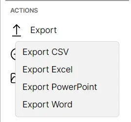 Export menu offering CSV, Excel, PowerPoint, and Word output formats