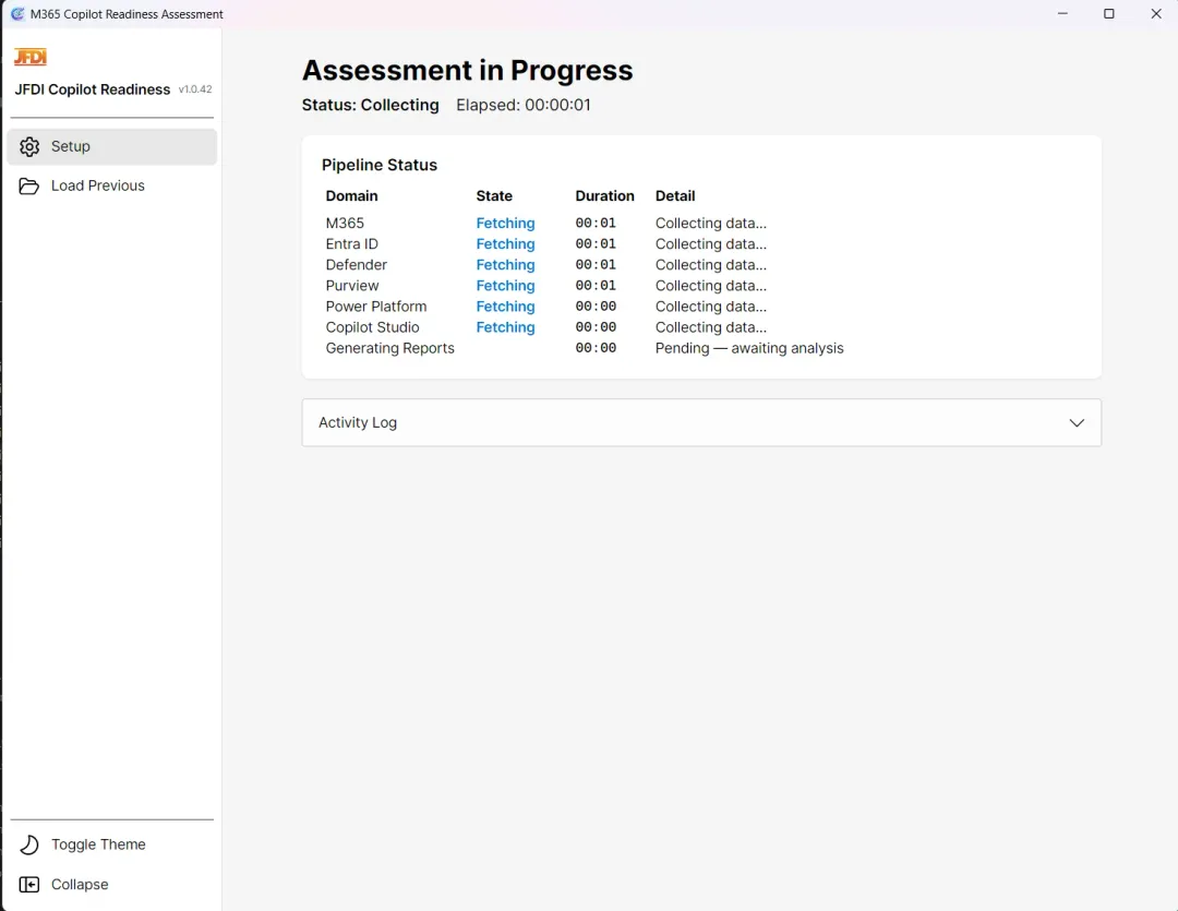 Pipeline status during assessment with each domain fetching data in parallel and an elapsed-time counter