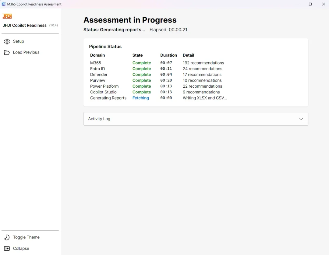 Pipeline status at completion with each domain showing Complete plus its recommendation count, and Generating Reports running the export step
