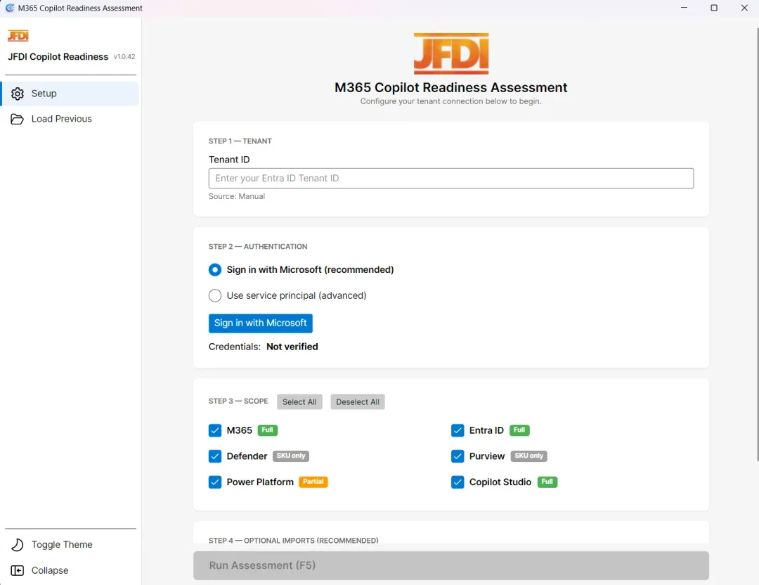 Setup screen showing Tenant ID, Sign in with Microsoft authentication, six-domain scope selection, and optional imports