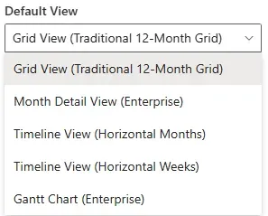 Calendar Planner web part properties pane - selecting the default view