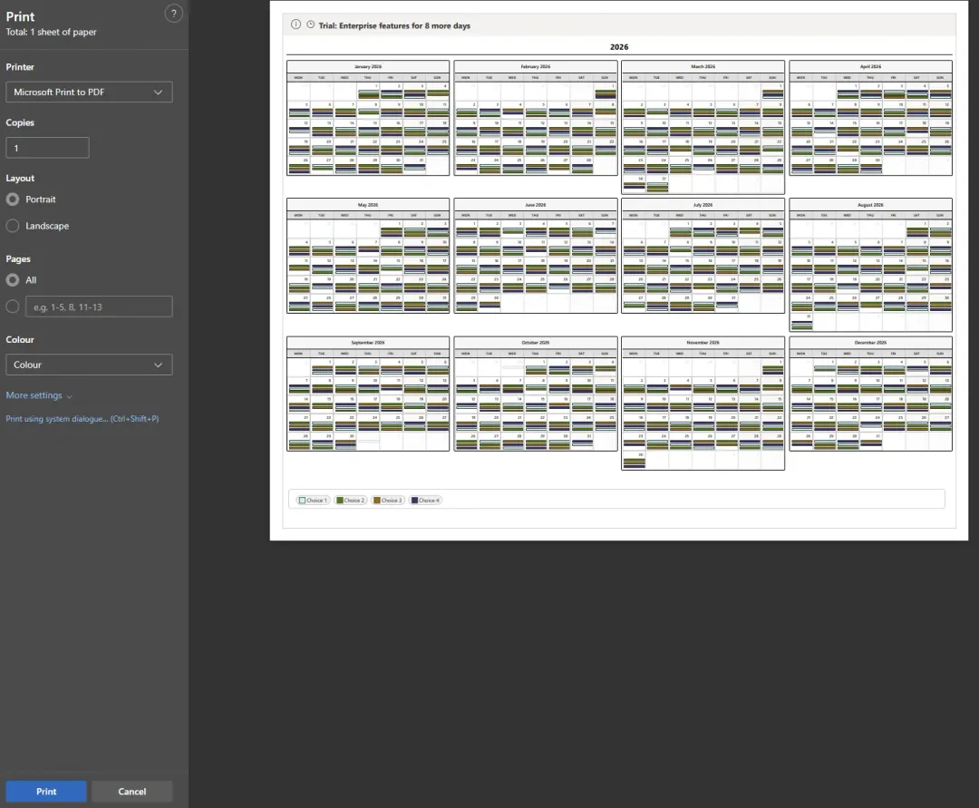 Calendar Planner web part - View Print Layouts and PDF