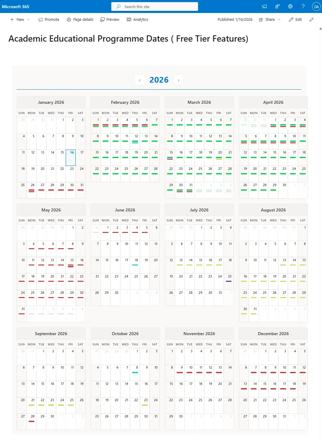 Calendar Planner Year Grid view showing full year of operations