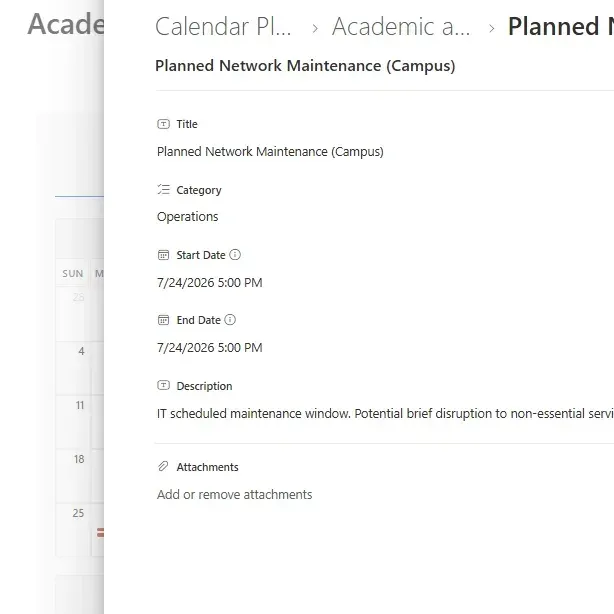 Calendar Planner View Details showing item information and attachments